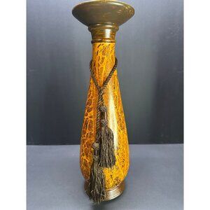 Vtg Candle Holder Golden Crackle Pillar Home Decor with Brown Tassle 15" Tall